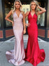 Mermaid V Neck Halter Red Pink Satin Pleats Prom Dresses LBQ4033